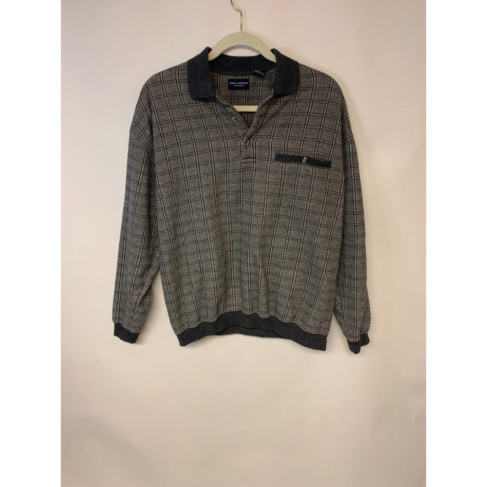 Safe Harbor Polo  Grey Plaid Grandpa Dad Fleece Normcore Cozy Mens SZ M